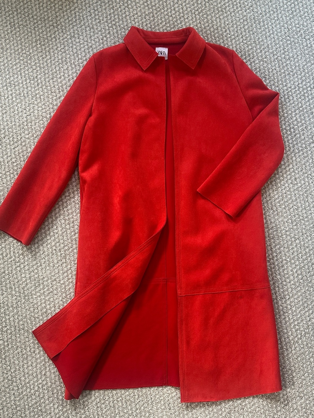 Zara Red Suede Single-Breasted Trench Coat with Pockets, Size Women’s Small